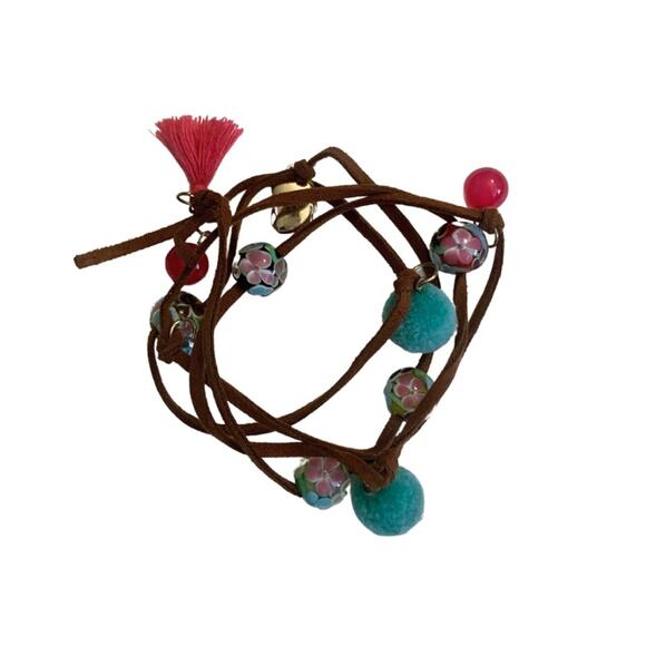 Adjustable Leather Wrap Bracelet Necklace Aqua Pink Charms Boho - Picture 1 of 7